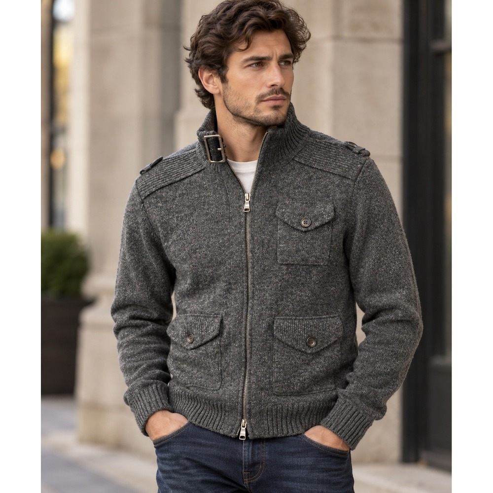 Banana Republic Mens Gray Lambswool Full Zip Buckle Mock Neck Sweater Medium
